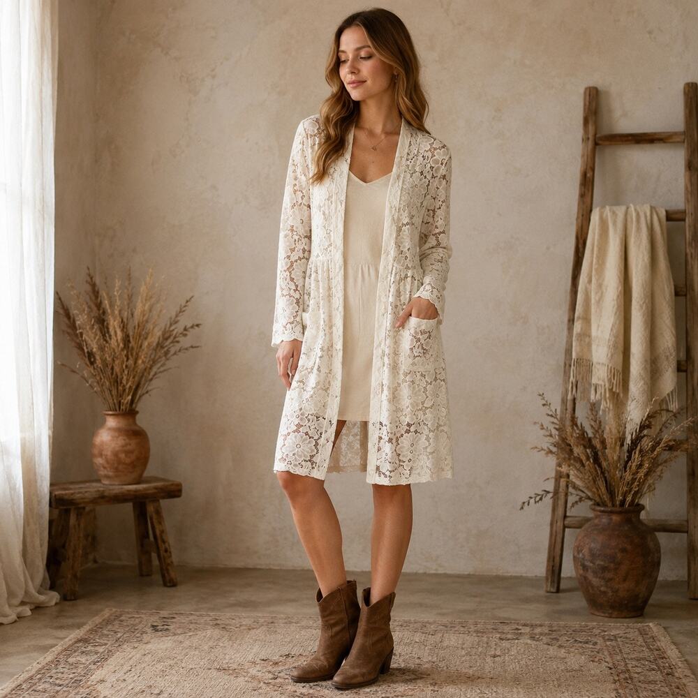 Lace Floral Midi Pocket Women’s Small Open Duster White Boho Ethereal Romantic